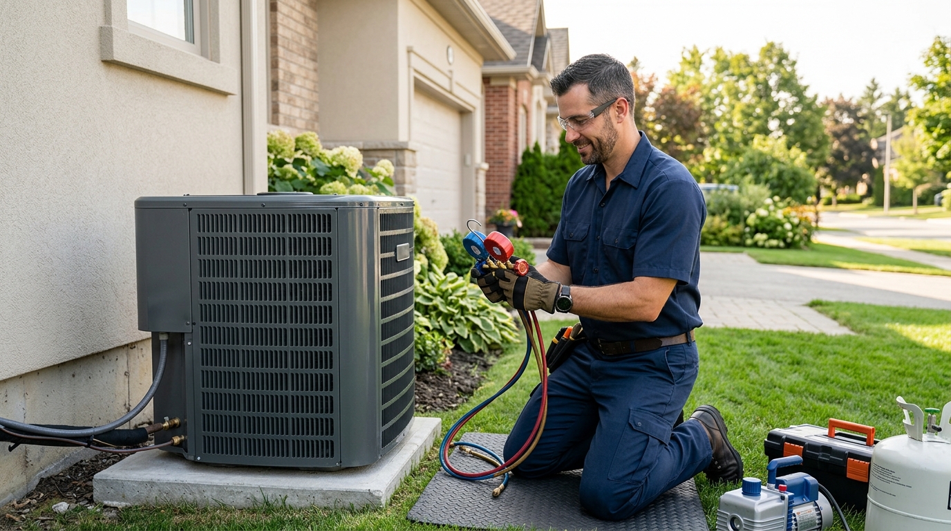 Certified technician inspecting residential heating and cooling system